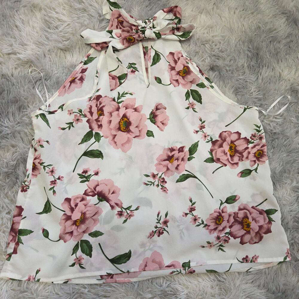 SHEIN Woman's Sleeveless White Floral Blouse with Tie on back size XL